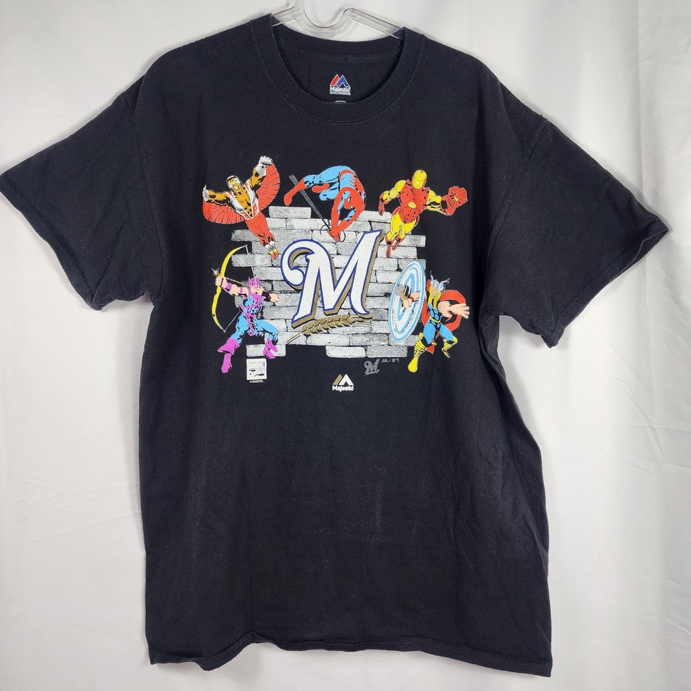 Majestic Milwaukee Brewers Marvel Avengers Graphic T Shirt‎ Mens Large Black